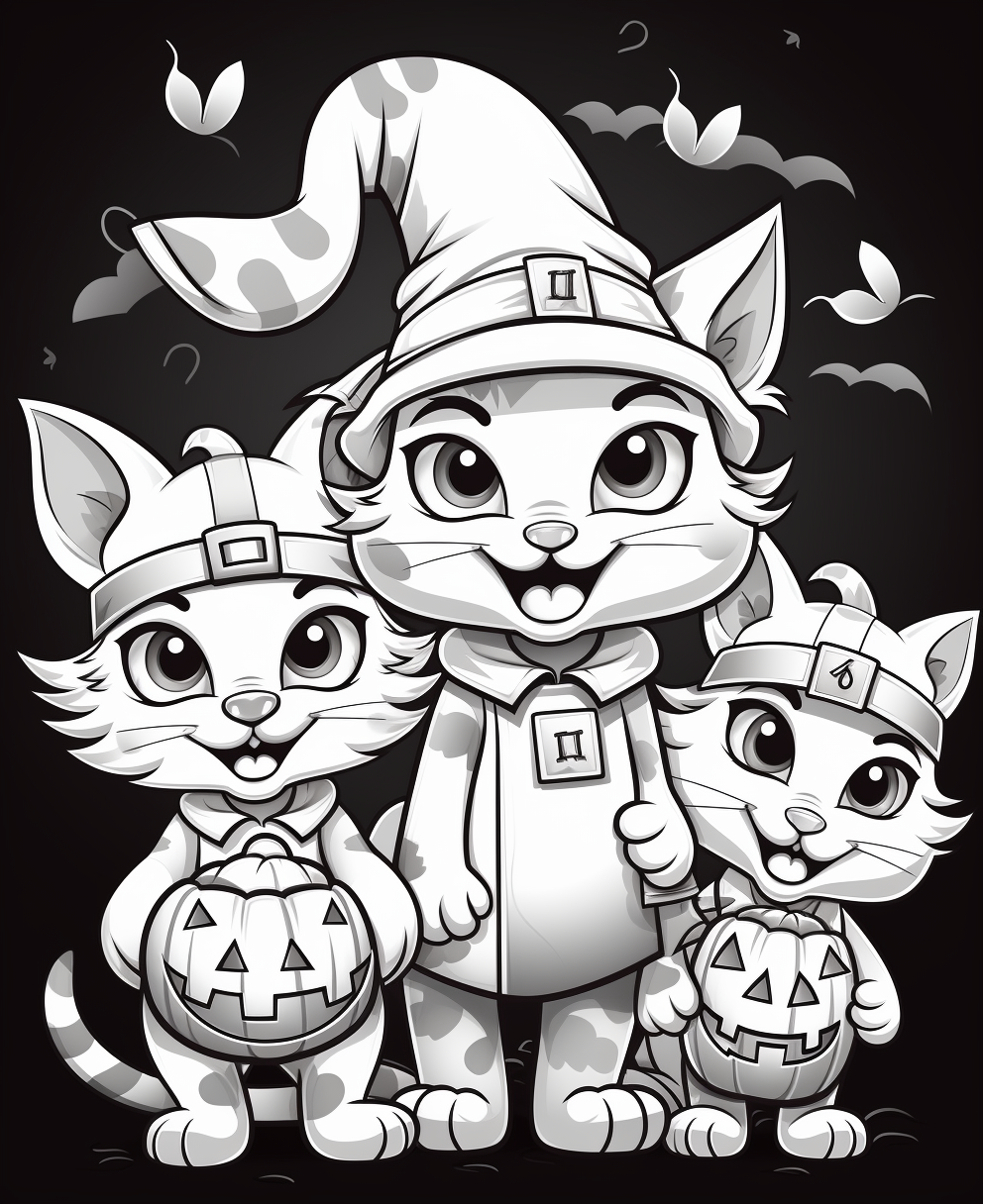 Coloring page with cats in costumes