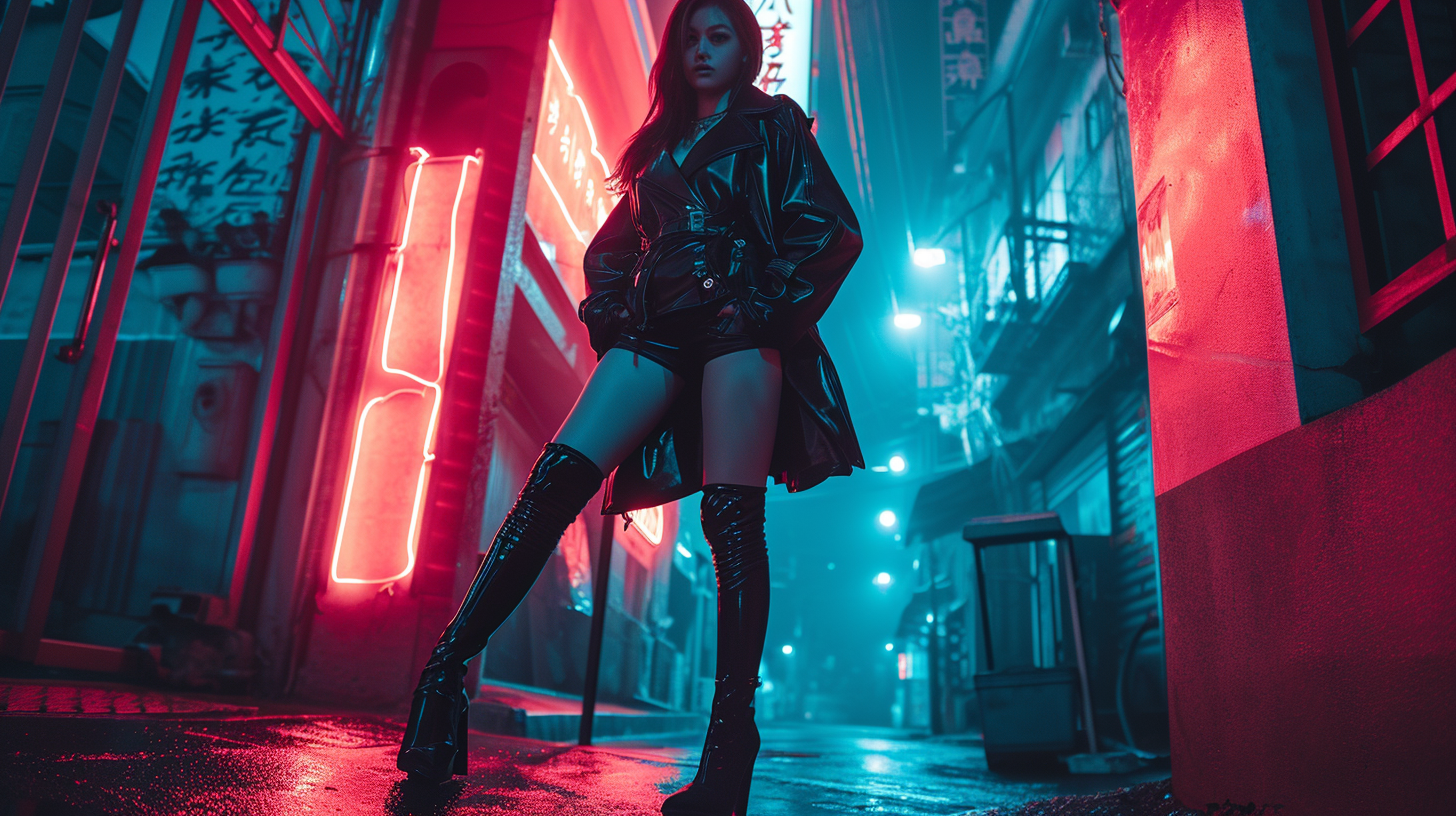 Caucasian female cyberpunk detective in street