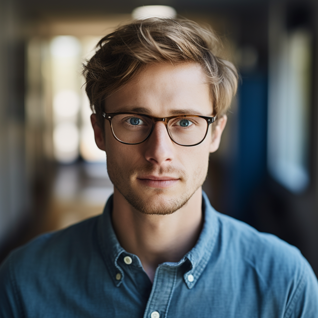 Caucasian male geek with short brown hair