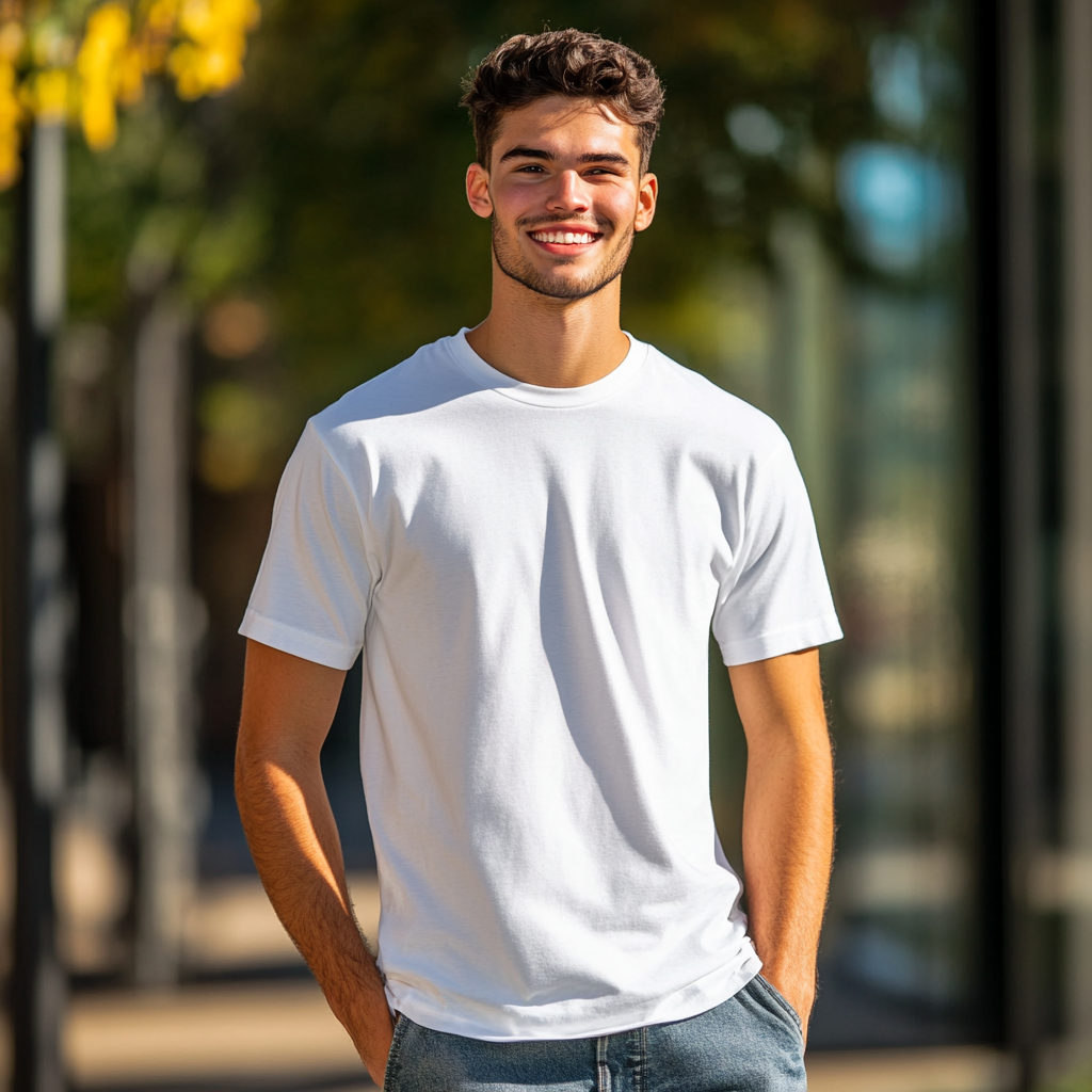 Caucasian male happy in white shirt