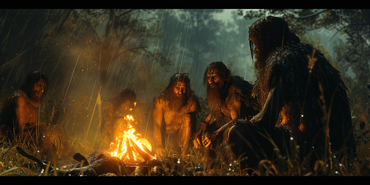 Cavemen around fire image