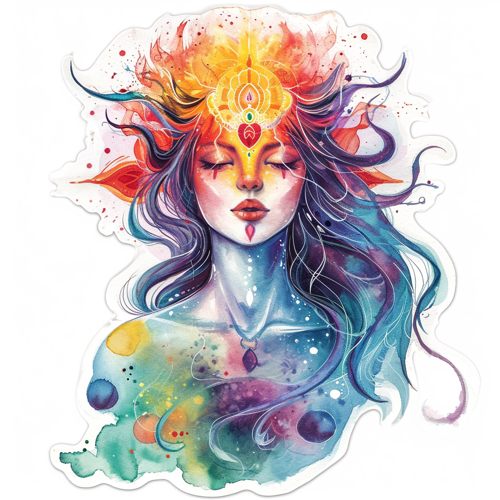 Watercolor celestial goddess with vibrant chakra colors