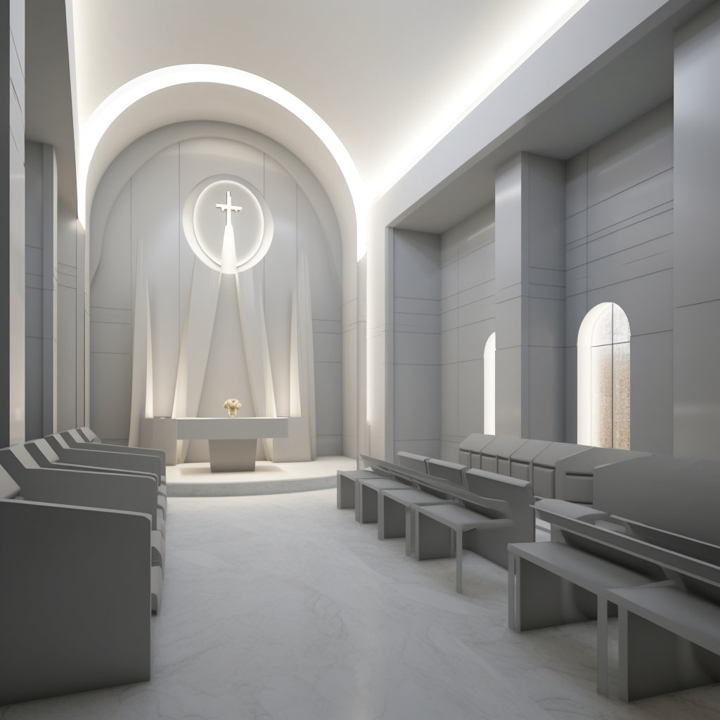 Chapel space with gray and white tones