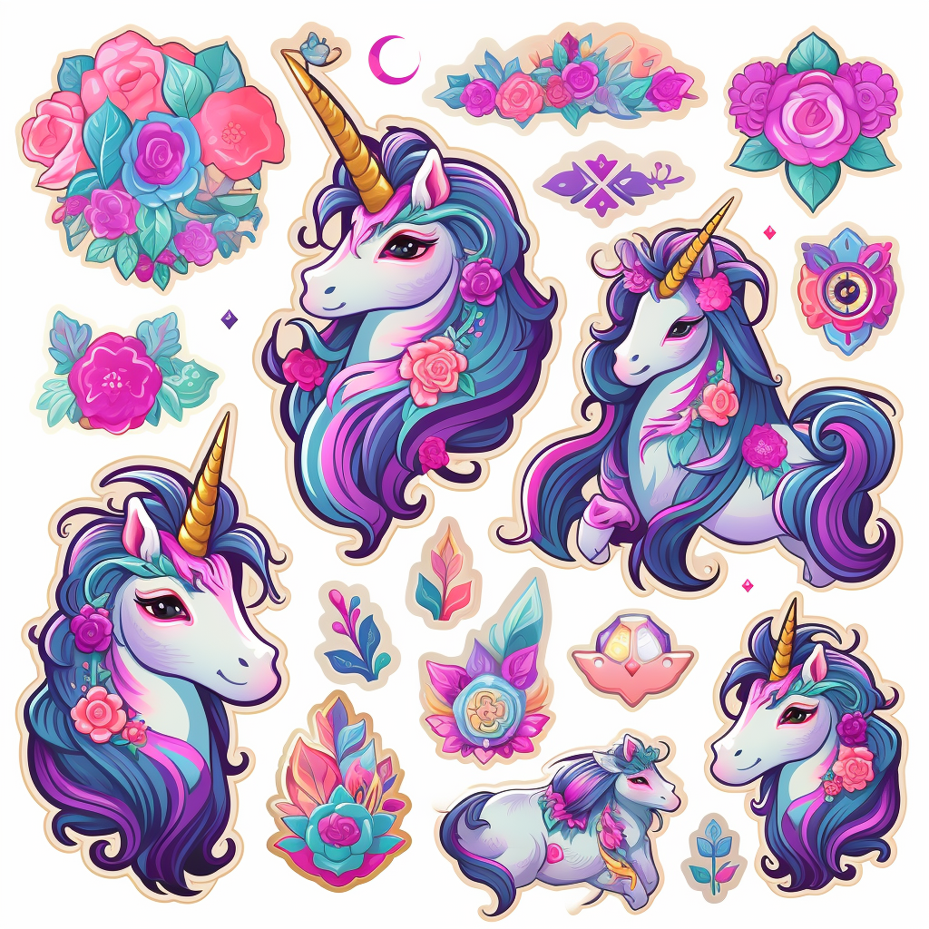 Adorable unicorn stickers with playful poses