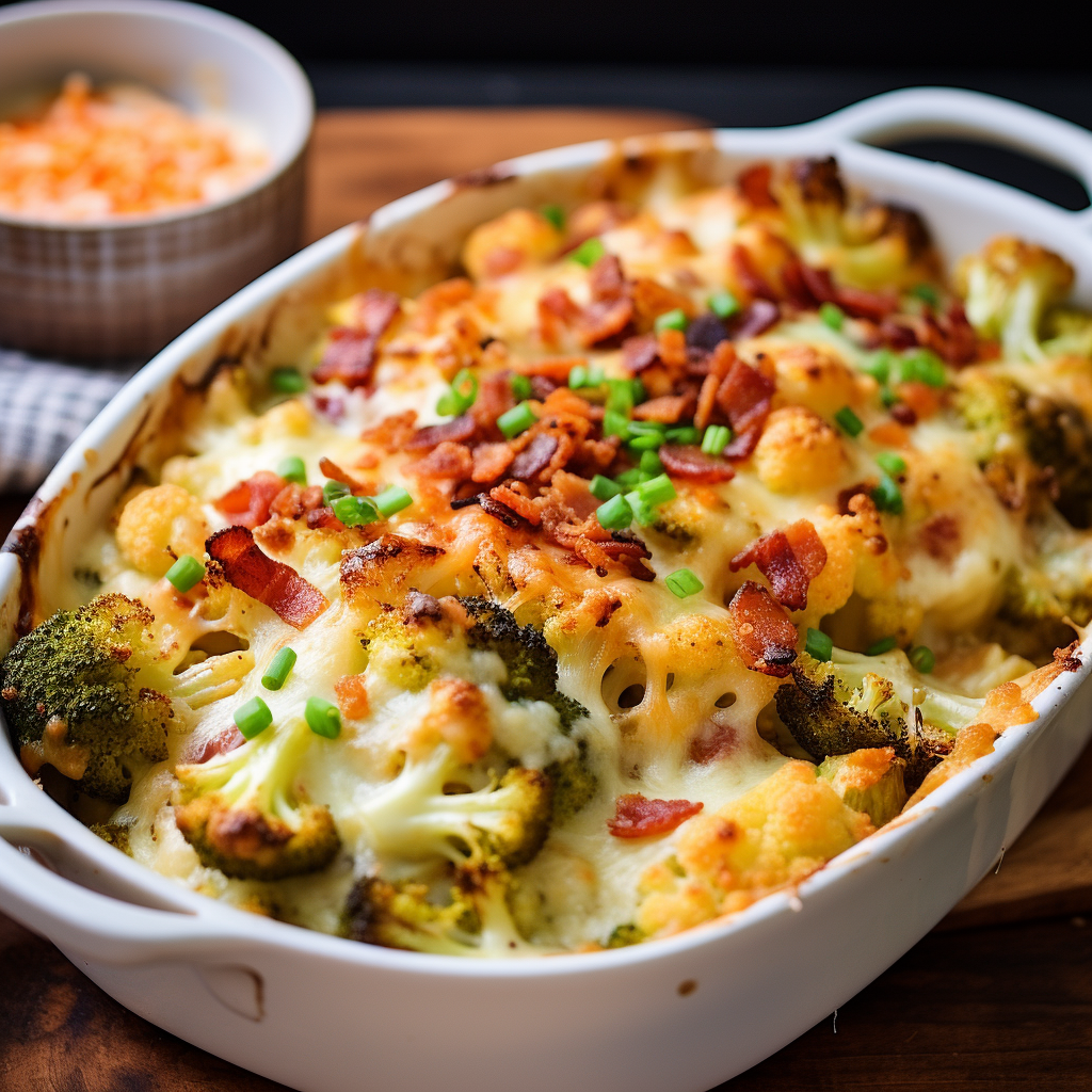 Tasty cheesy cauliflower casserole with broccoli and bacon