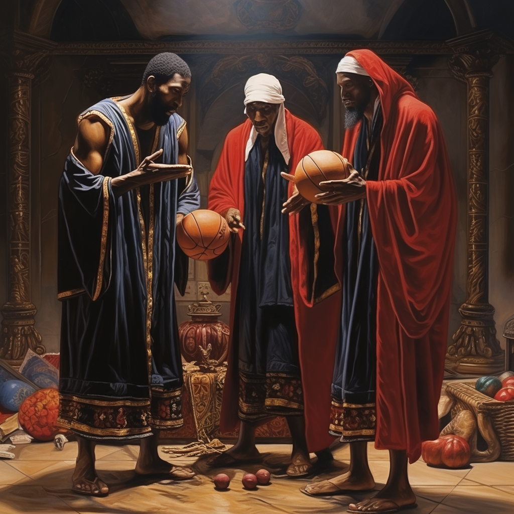 Three Wise Men with Basketball in Nativity Scene