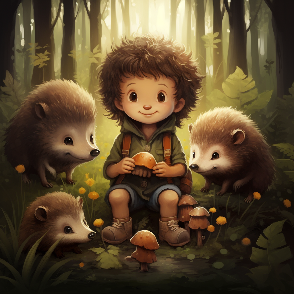 Child surrounded by hedgehogs and teddy bear