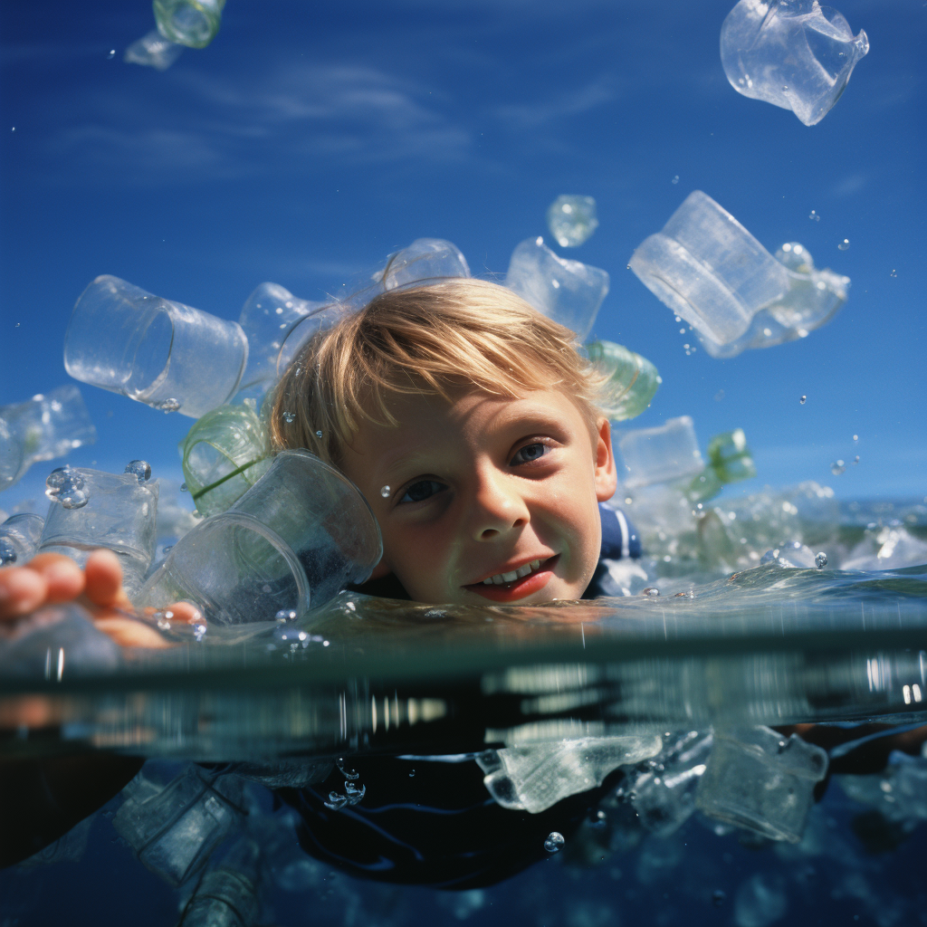 Child floating in ocean with punctured floatie ? plastic awareness