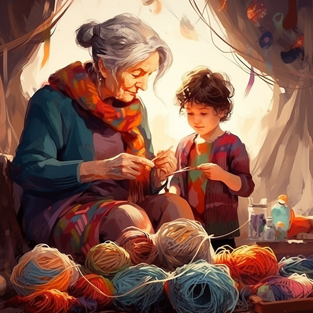 European child and old lady knitting colorful threads