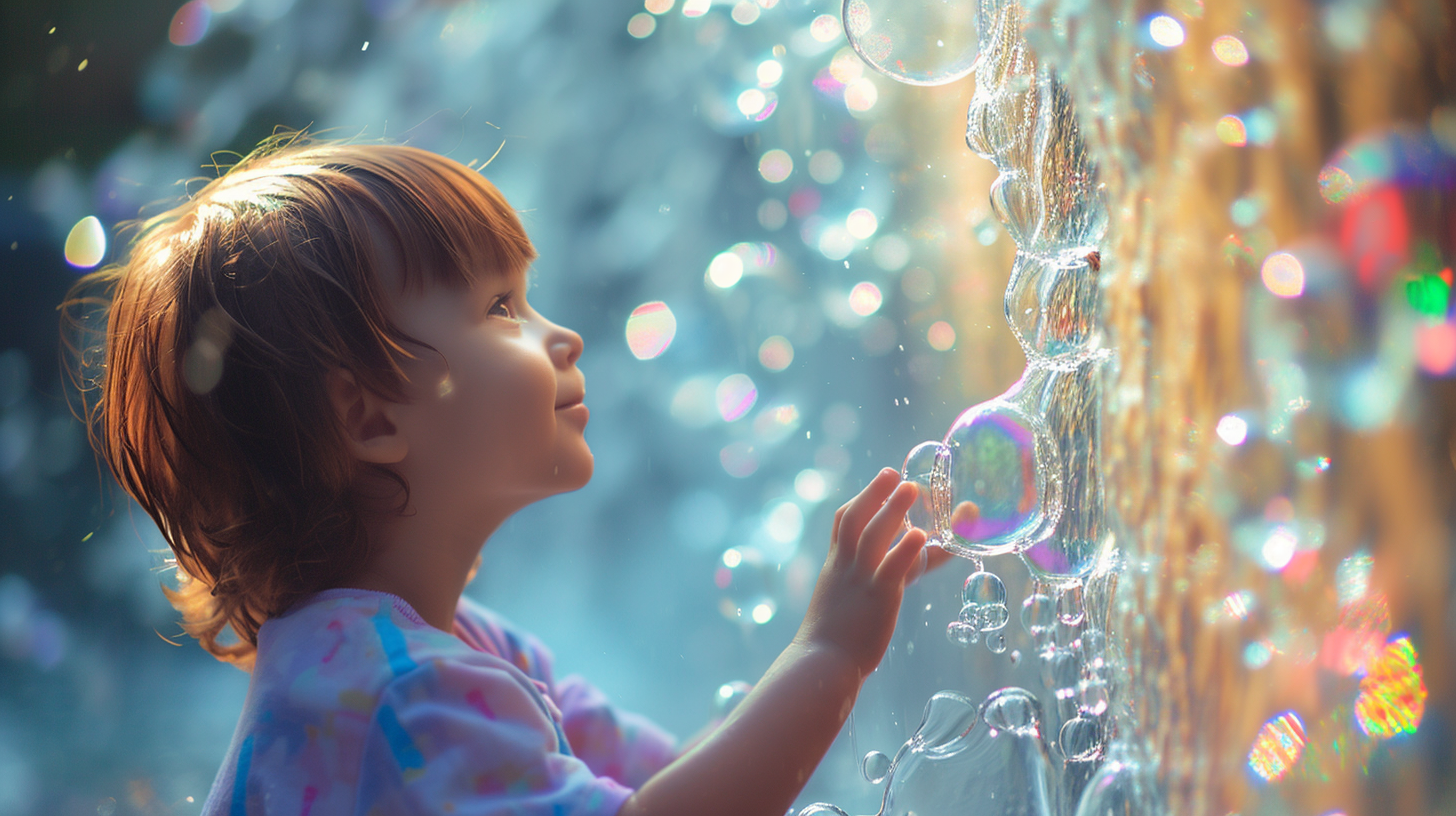 Child playing with waterfall and bubbles