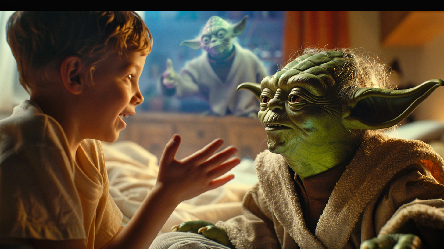 Child playing with toy Yoda