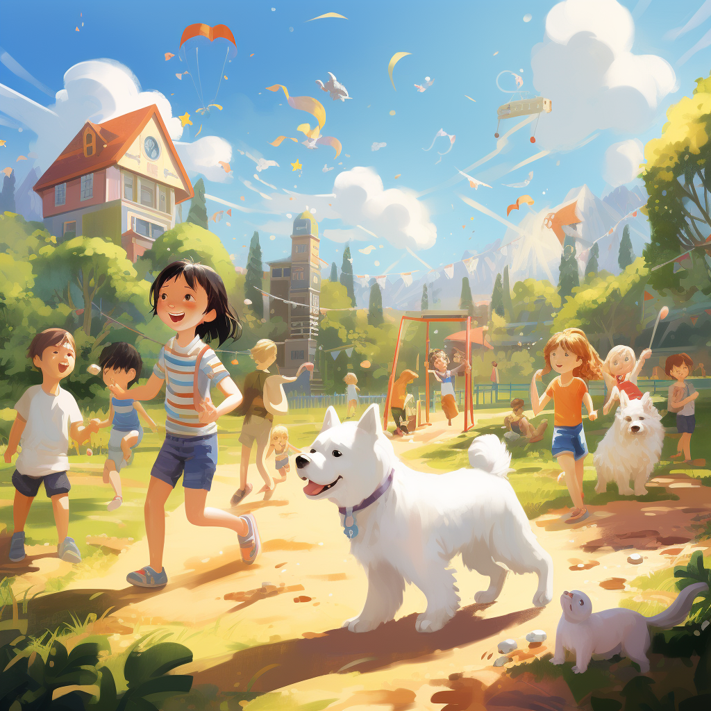 Children playing with white dog in sunny park