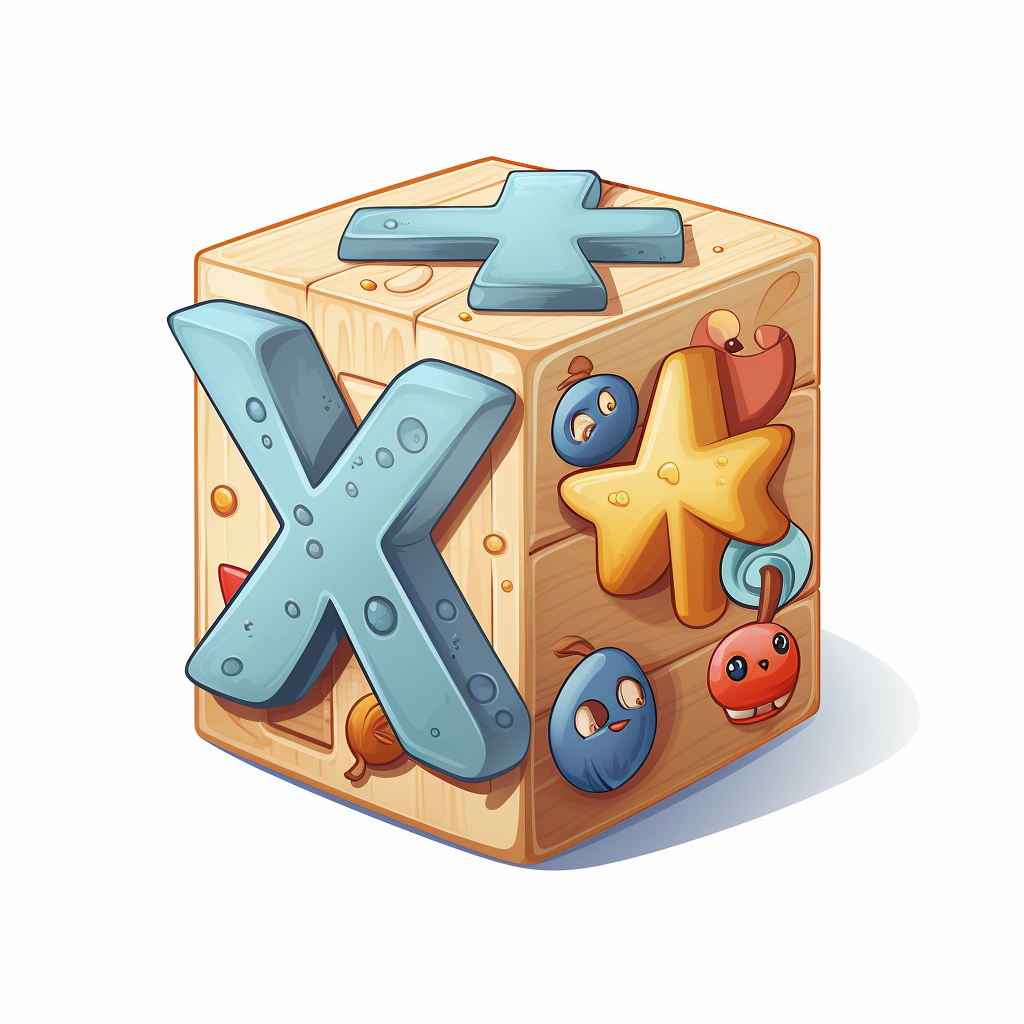 Cartoon-style wooden cube with letter X