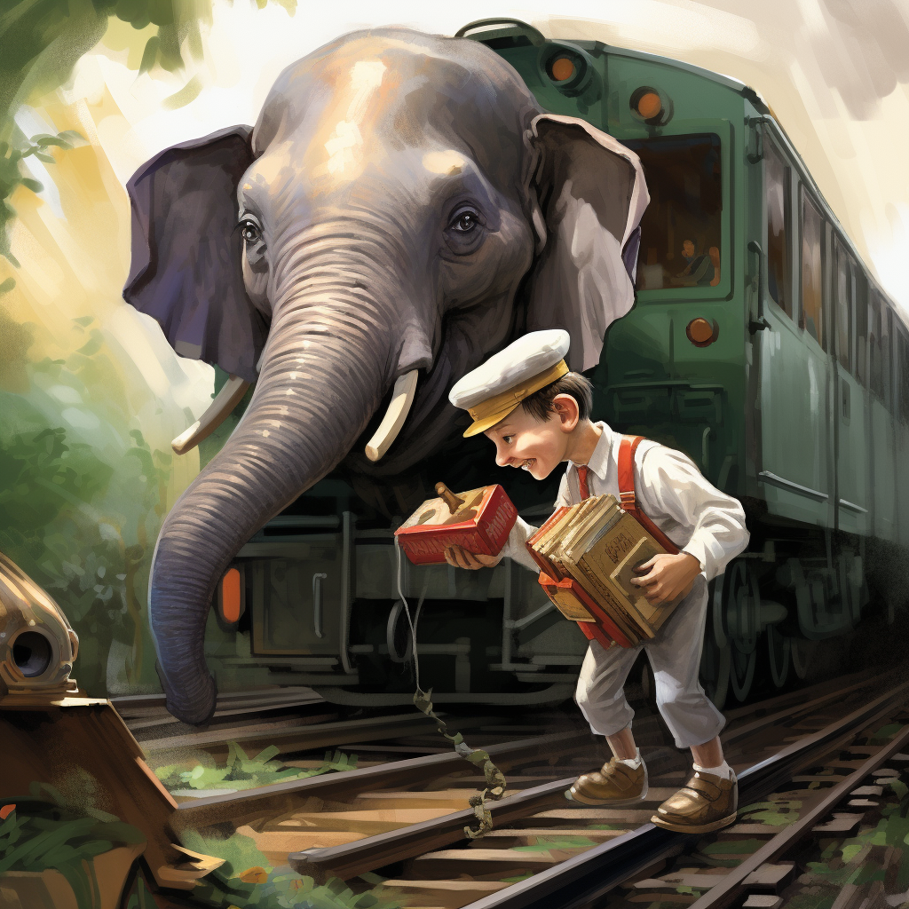 Cute elf train engineer enjoying an elephant ear snack