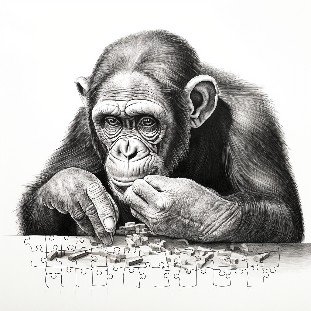 Smart chimp solving puzzle in black and white