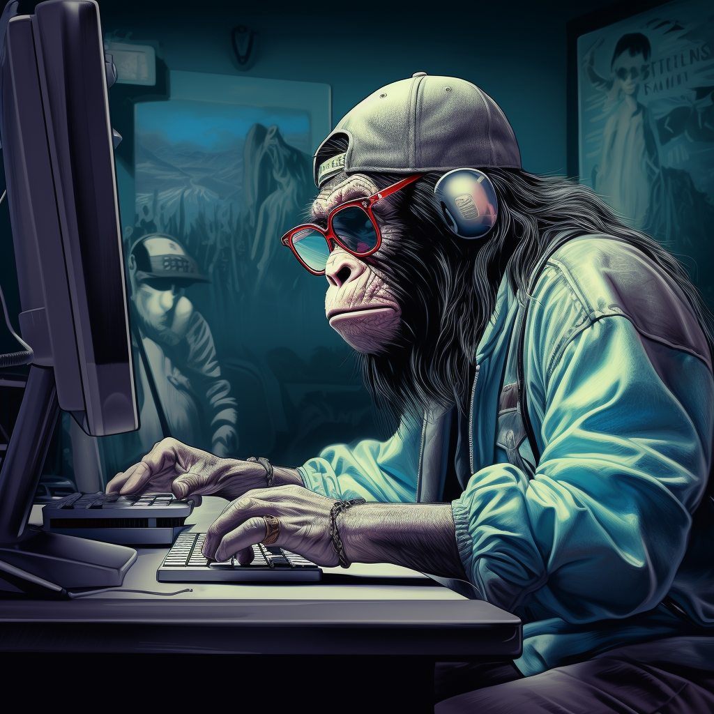 Chimp working at desk with laptop keys