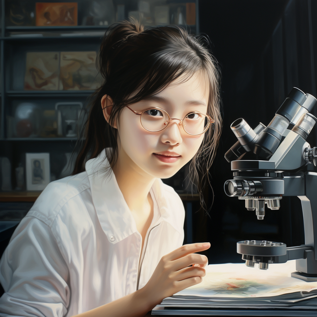 Scientific girl using microscope with lens on table