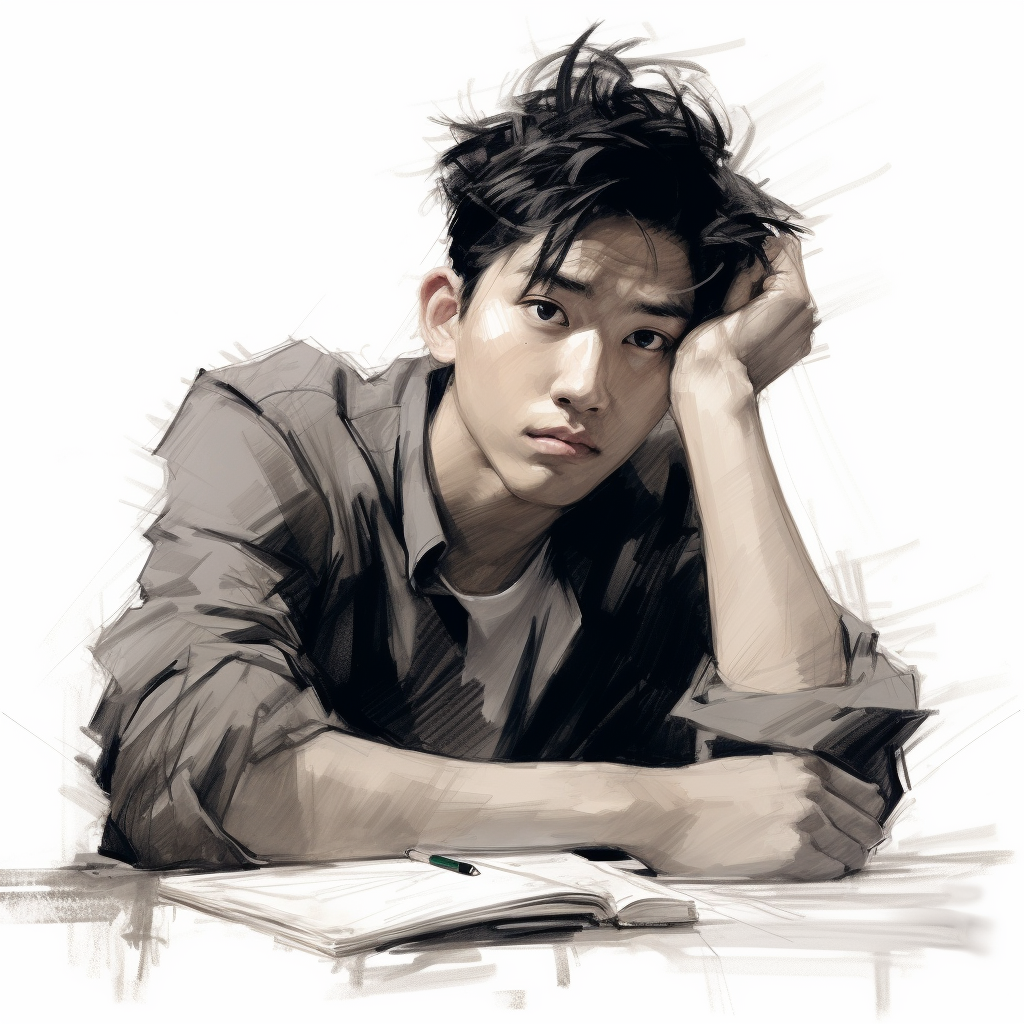 Chinese teenager with pensive sketch expression