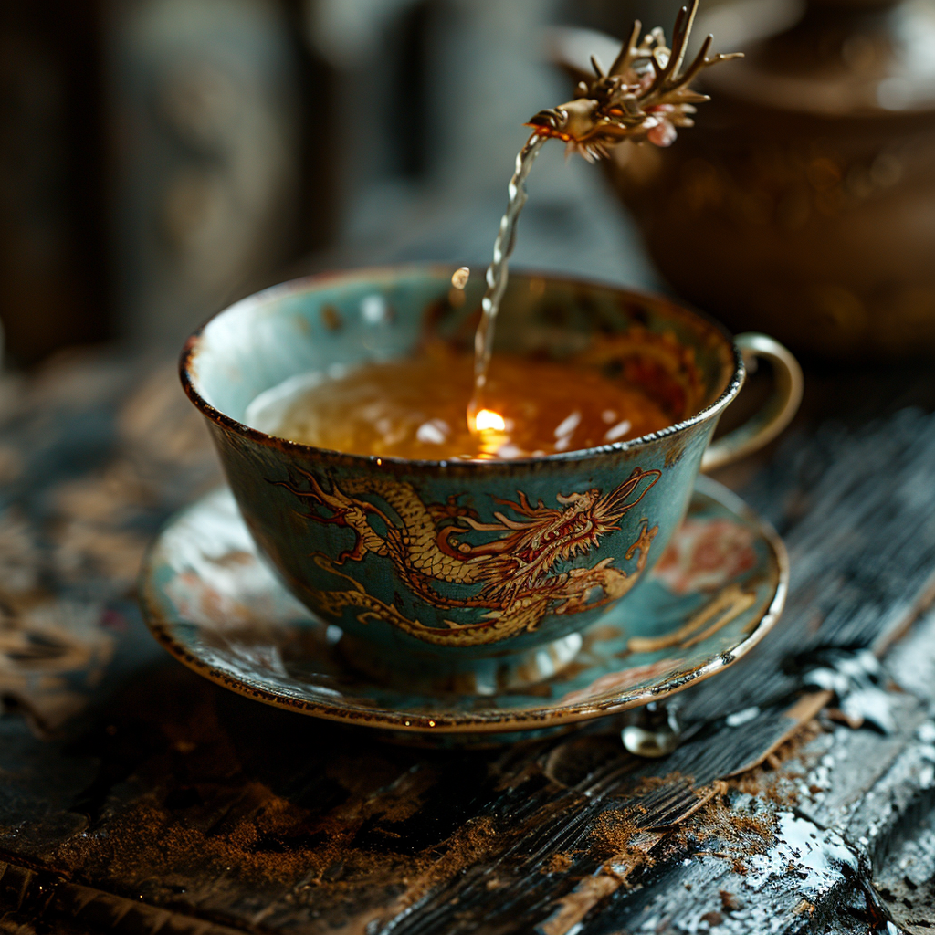 Image of a Chinese dragon emerging from a teacup