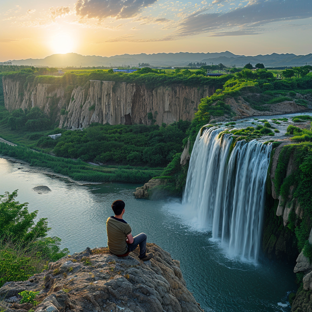 Chinese man sitting on cliff near waterfall