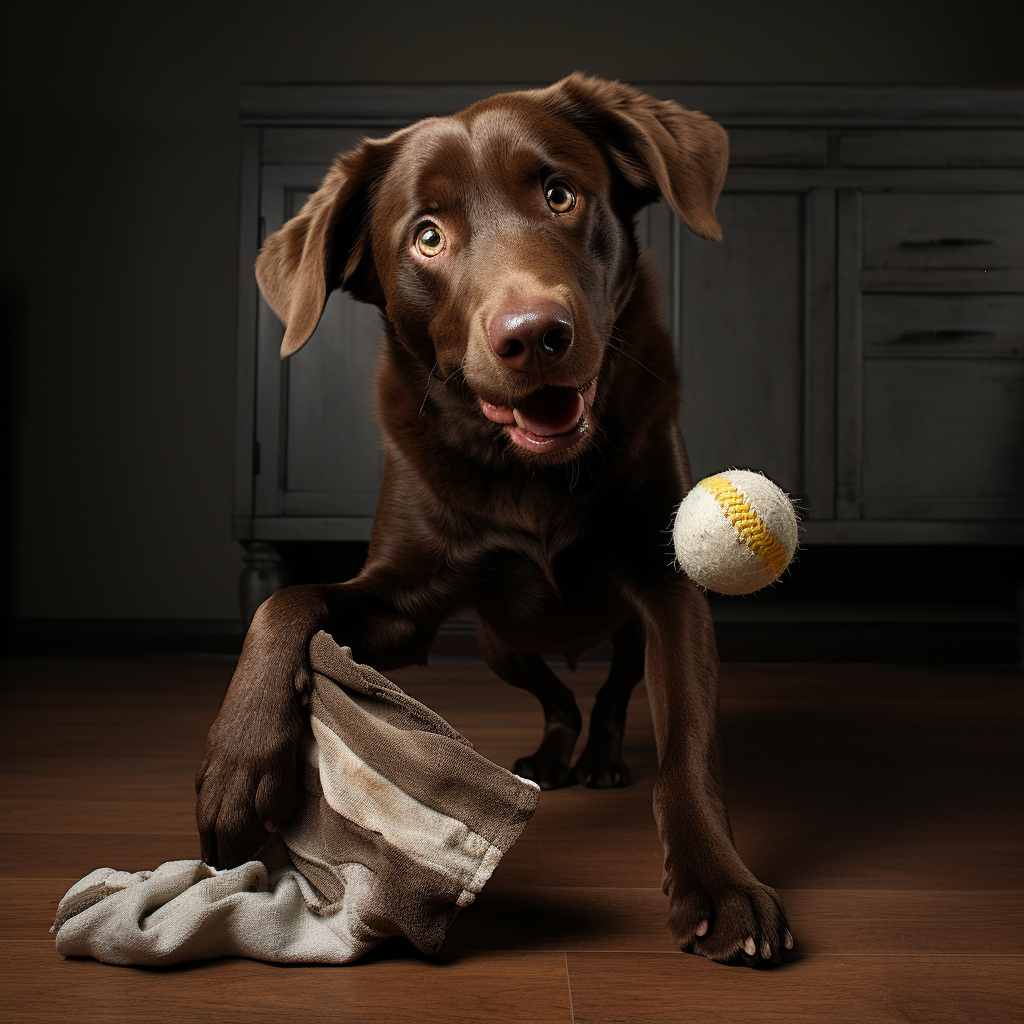 Chocolate Labrador playing with sock