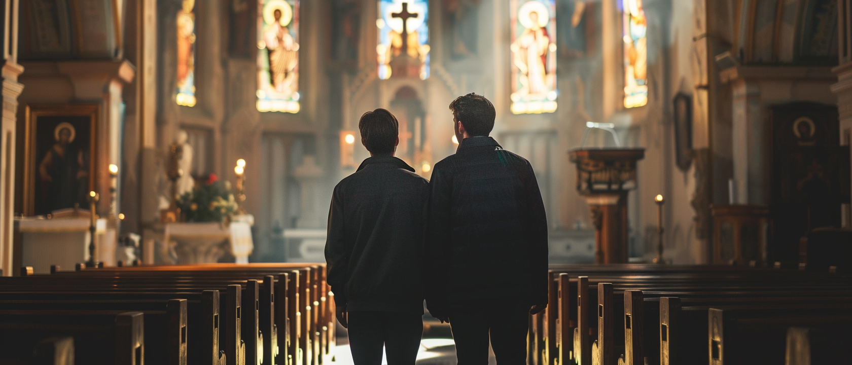 Brothers holding hands in Christian prayer meeting