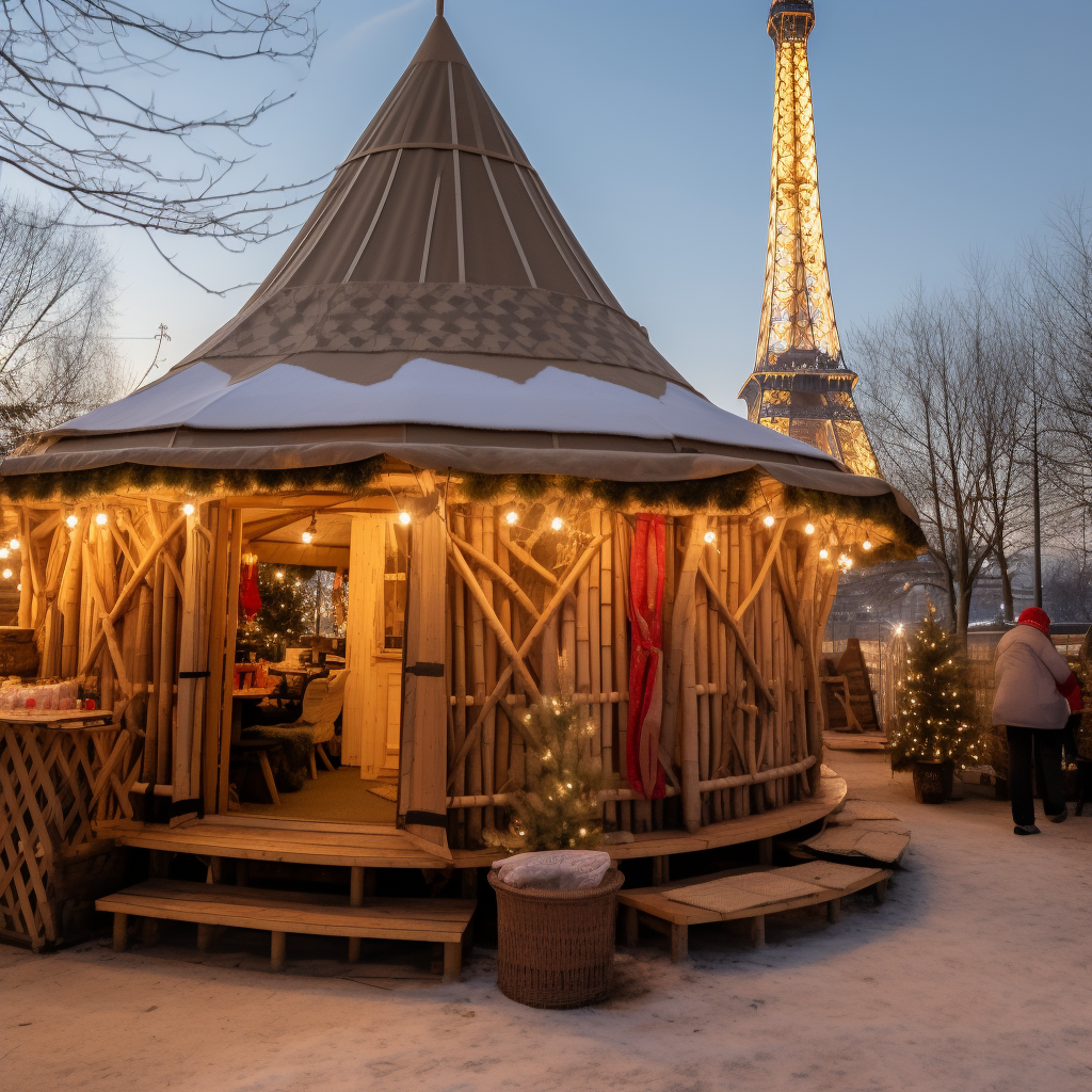 Asian yurt at Christmas market by Eiffel Tower