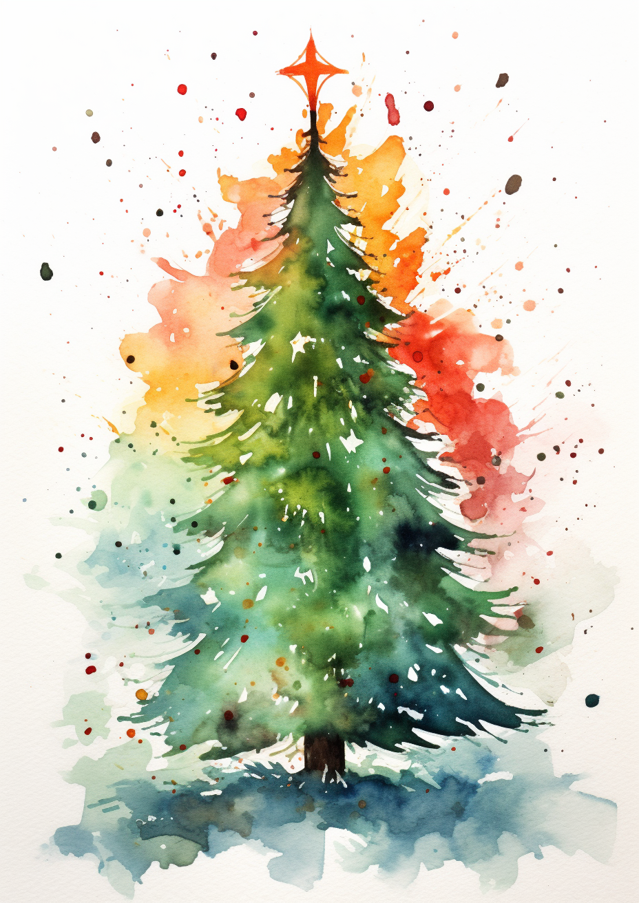 Colorful Christmas tree watercolour painting