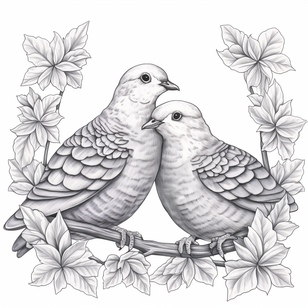 Two realistic turtle doves coloring page