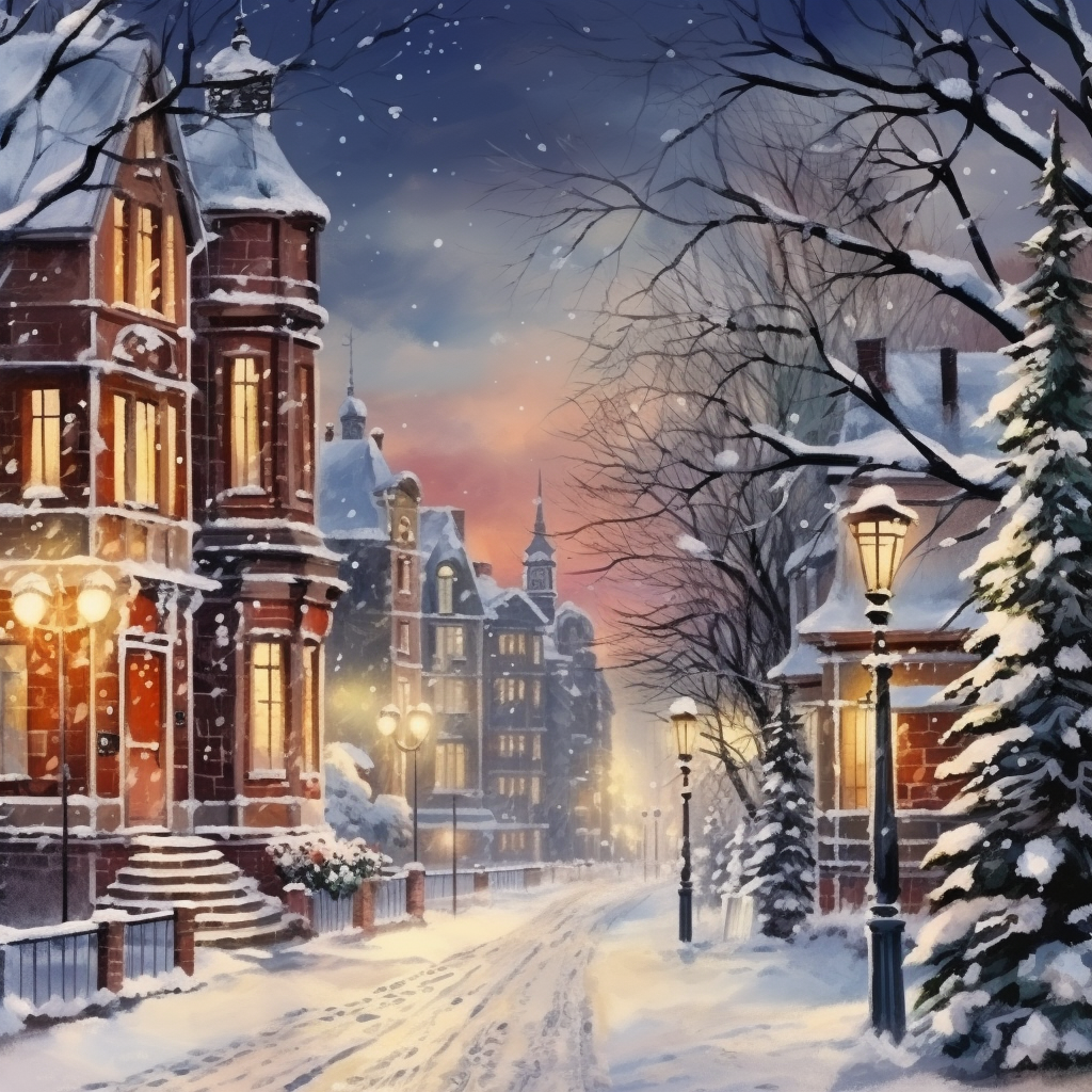 Snowy streets with street lamps for Christmas card