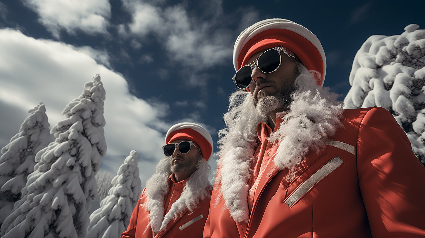 Colorful Christmas attire against snowy mountains