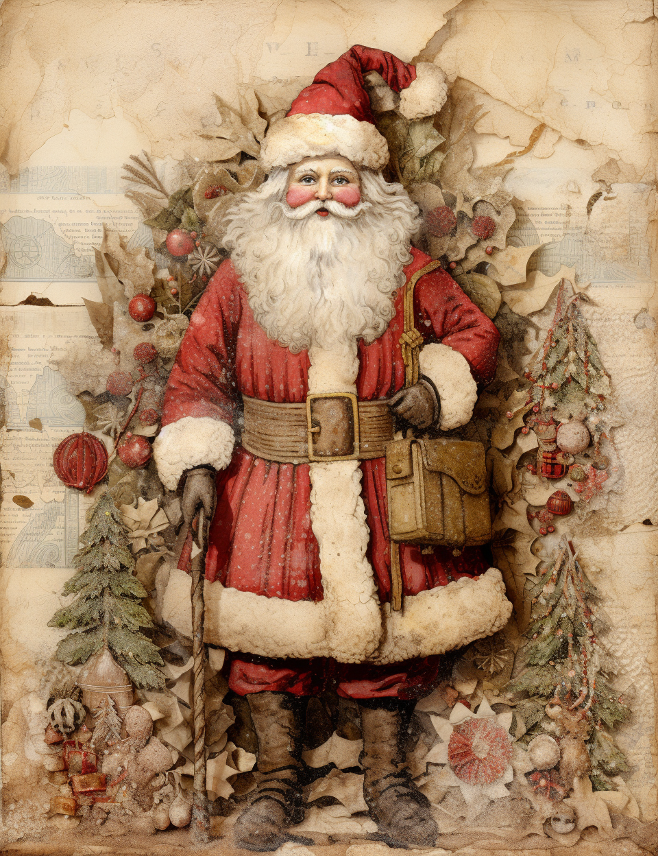 Illustration of Christmas Santa Claus on Junk Journal Background