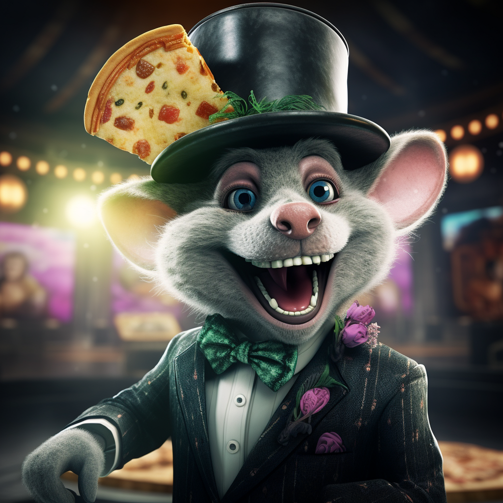 Chuck E. Cheeze business mascot with hat and monocle