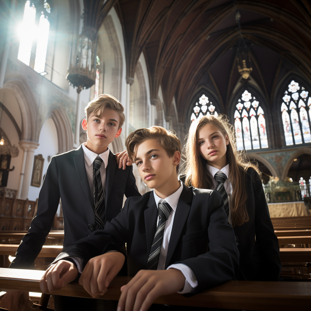 Teenage kids in a church with fine tailored clothing