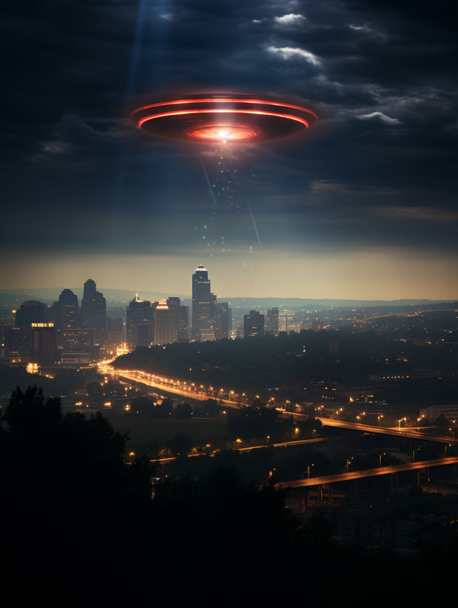 UFO flying over Cincinnati cityscape