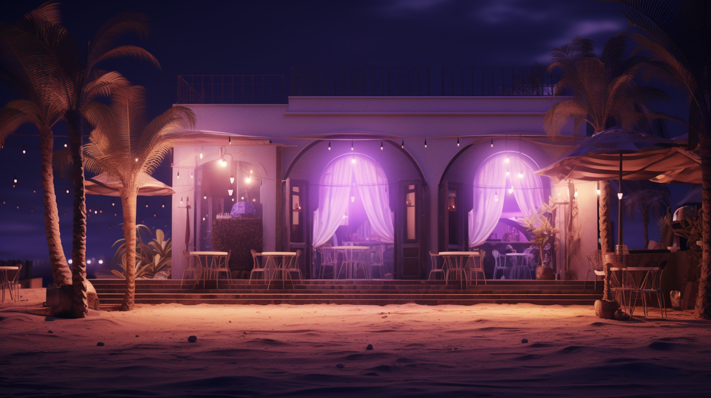 Charming cabaret storefront under pink and purple lights