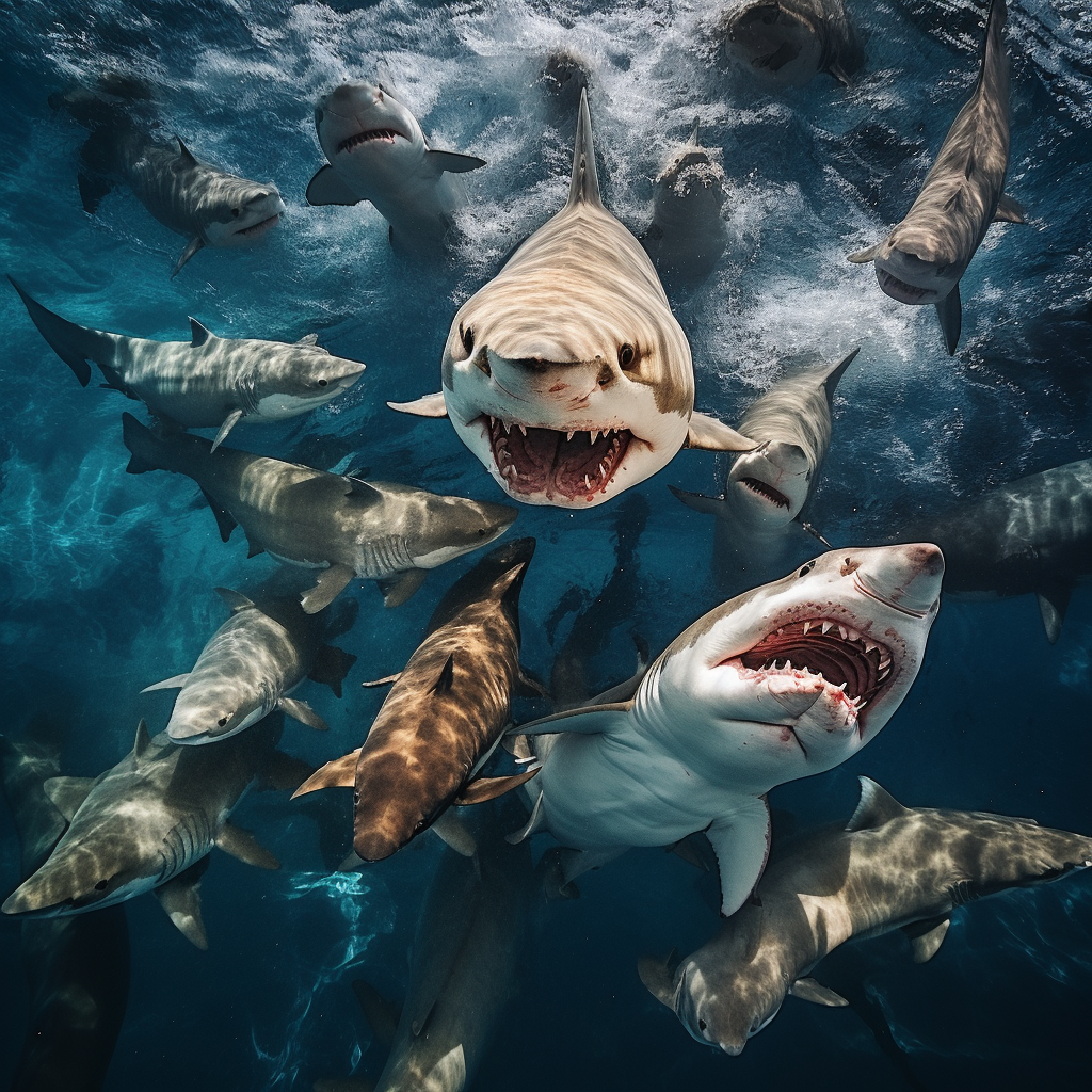 Sharks circling bulldog in ocean