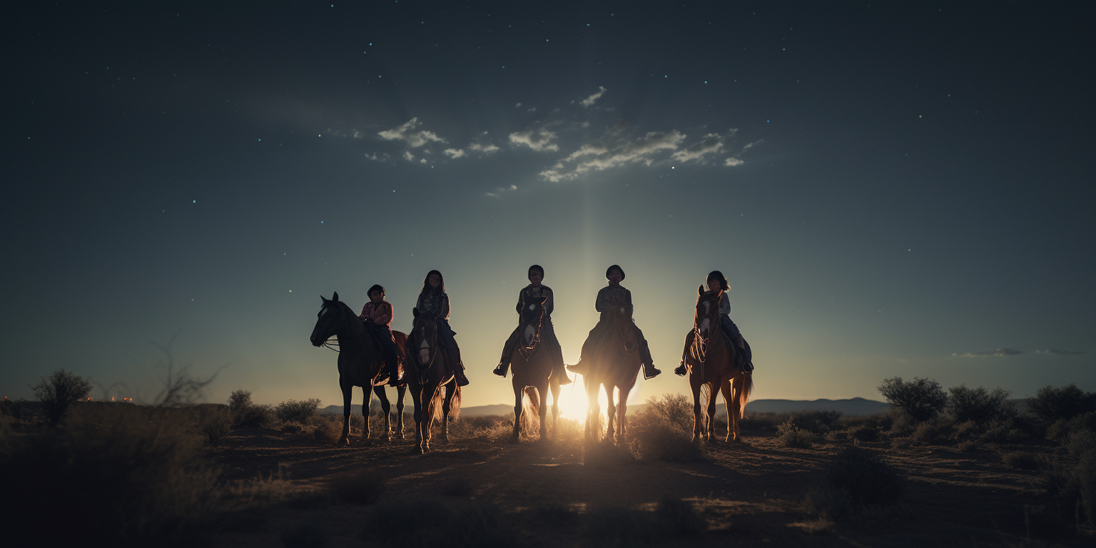 Group of kids on horseback under celestial beam