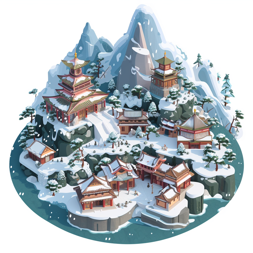 Frosty Mountain Game Village with Floating Buildings