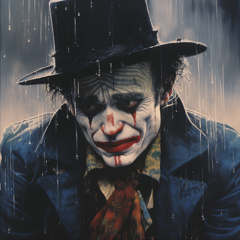 Emotional circus clown crying in rain