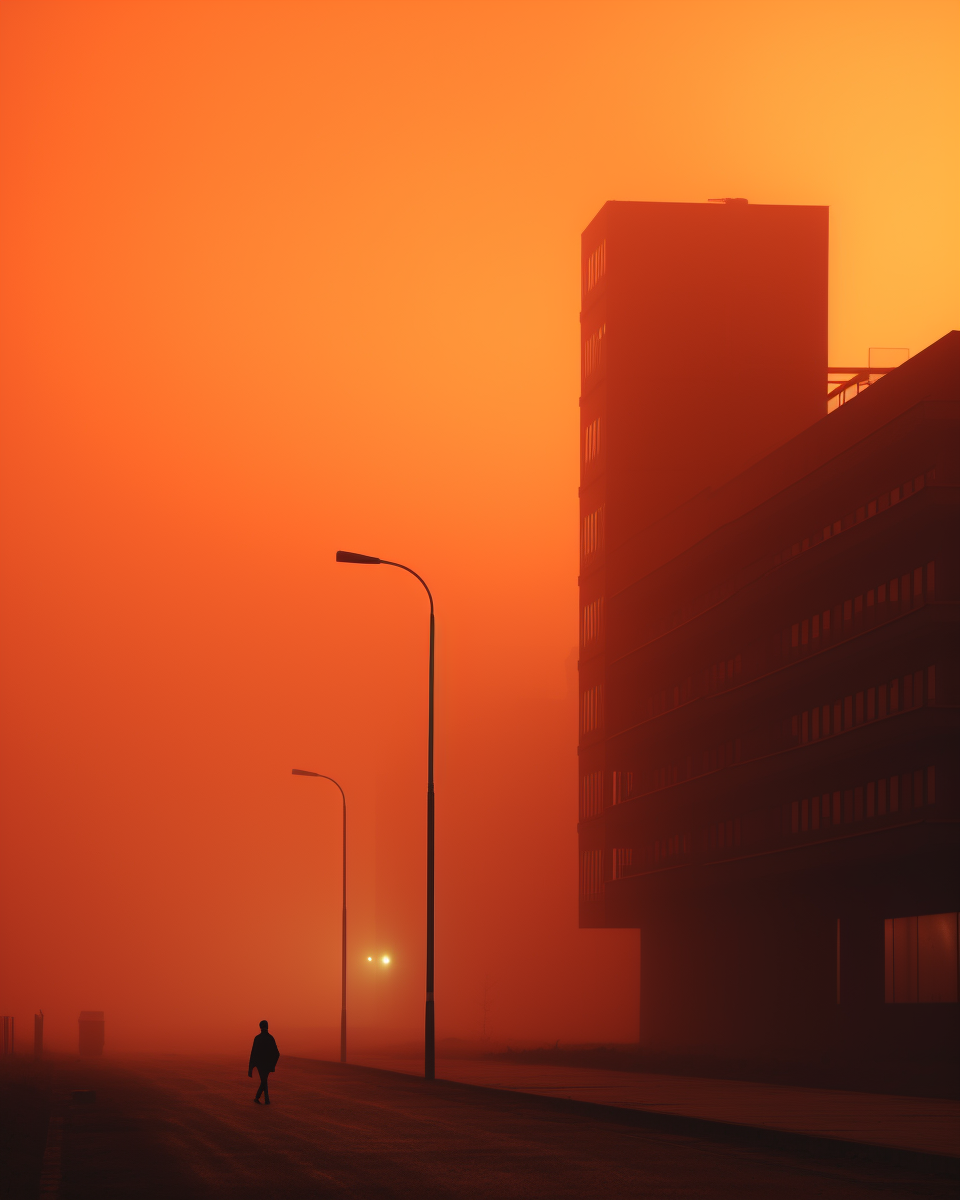 City fog at sunset through minimalist building