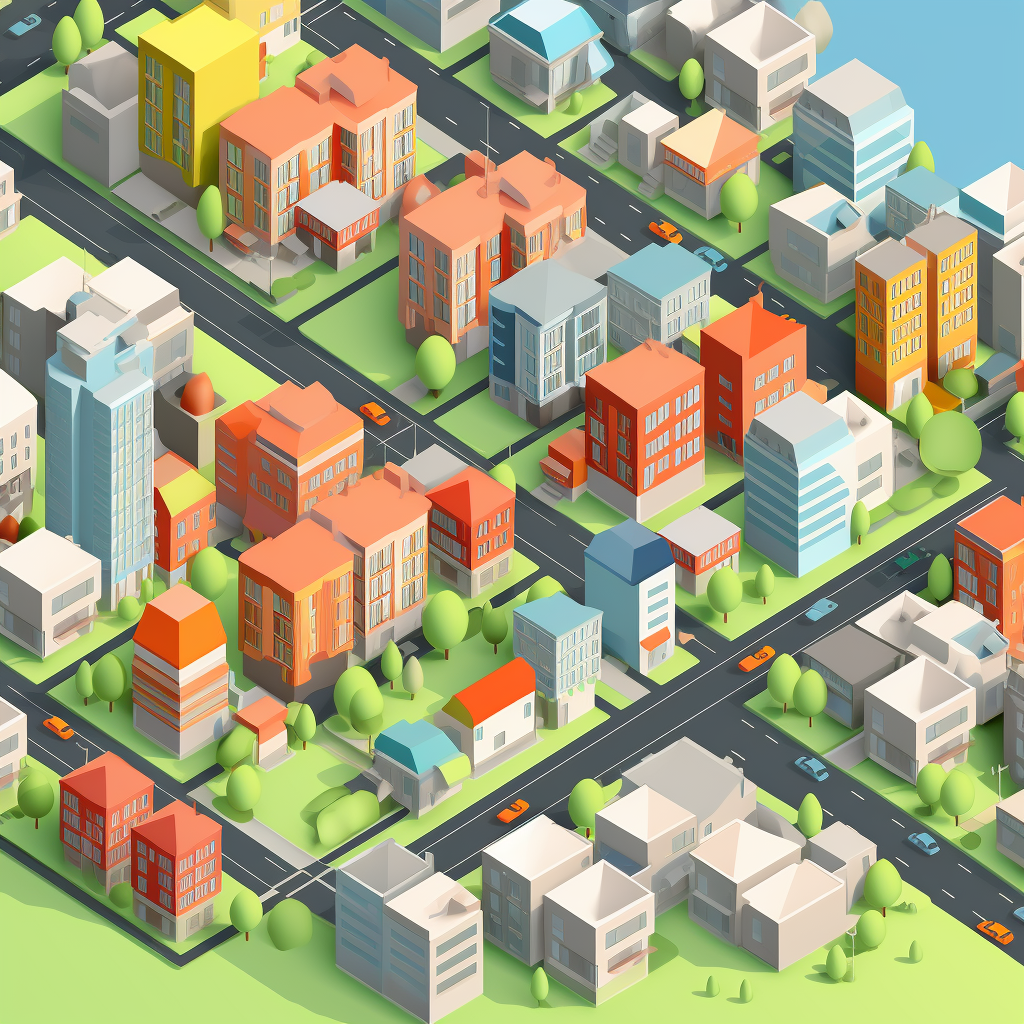 Isometric city neighbourhood with simple design and bright colors