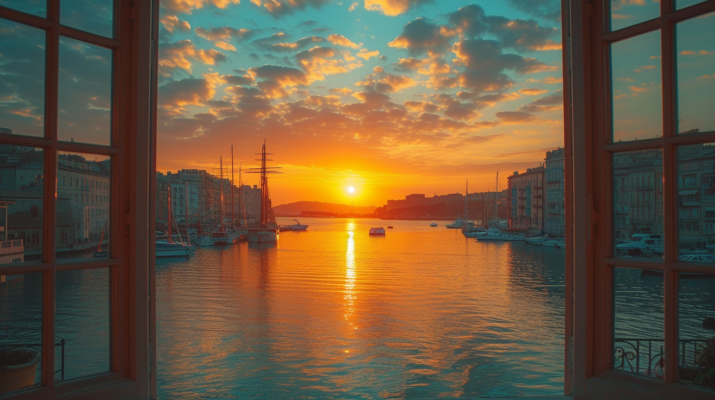 City sea sunset godrays through window frames