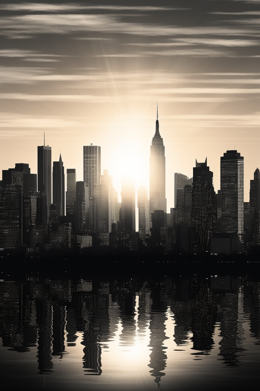 Silhouettes of skyscrapers against the setting sun