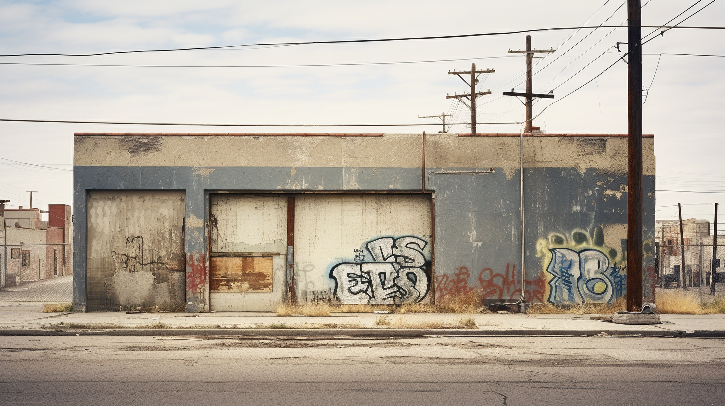 Weathered sign outside the abandoned commercial building