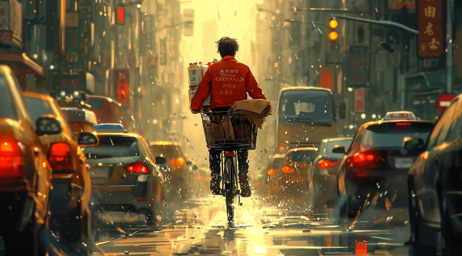 Man riding bike delivering milk in city