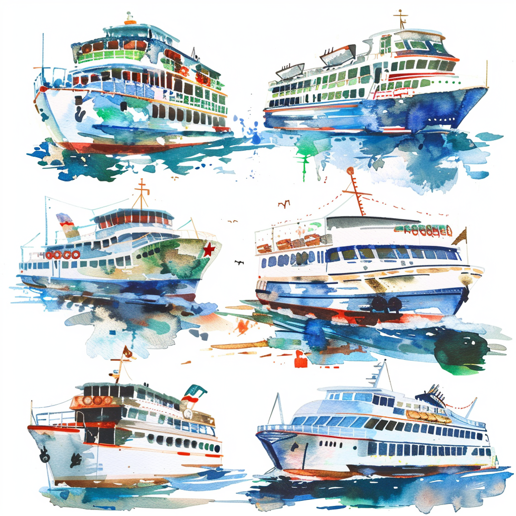 Ferry boats clipart watercolor set