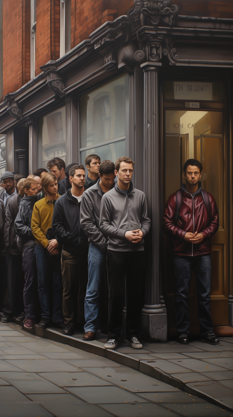 Group of Men Waiting Outside Closed Shop