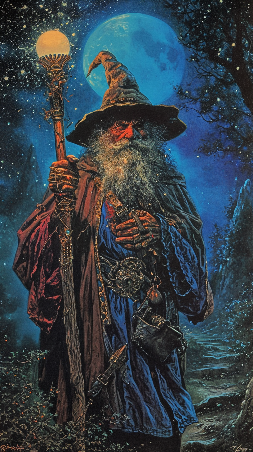 Dark bearded wizard with glass staff