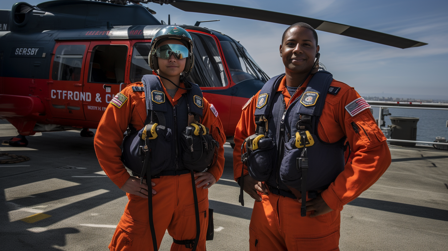 U.S. Coast Guard helicopter pilots standing together